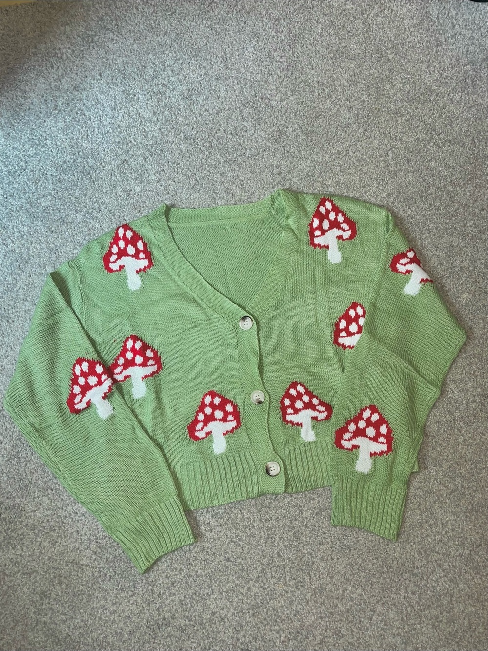 Green Knit Button Front Cardigan Sweater w/ Red Mushrooms Cottagecore, Women’s M